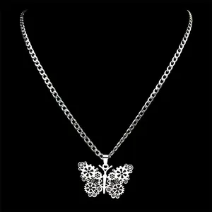 Collier avec pendentif papillon mécanique steampunk en acier inoxydable poli brillant