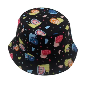 Kids black reversible bucket hat with colorful cartoon snail and cloud print