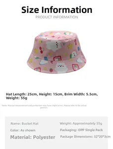 Detailed size chart for kids pink cartoon bucket hat with cherry and bear patterns