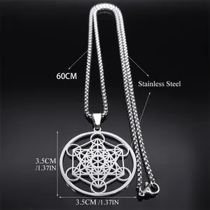 Metatron Cube stainless steel pendant necklace on black reflective background, 60cm chain