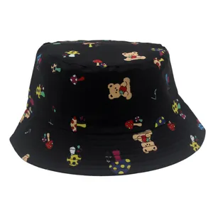 Chapeau Bob Enfant Imprimé Ours et Champignon Protection Solaire Polyester Respirant Chapeau de Pêcheur Extérieur