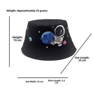 Detailed size chart for kids' astronaut bucket hat with 5.5cm brim and 15cm height
