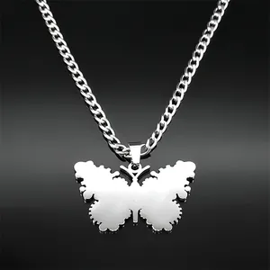 Collier papillon punk mécanique en acier inoxydable argenté avec chaîne maille cubaine