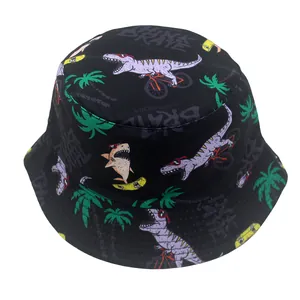 Detail of cartoon dinosaur and shark print on black kids bucket hat with California text