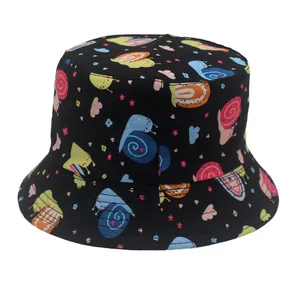 Detail of black kids bucket hat featuring colorful snail prints and cartoon patterns