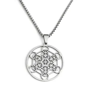 Stainless steel Metatron's Cube necklace with geometric pendant and box chain