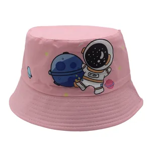 Pink kids bucket hat with cute cartoon astronaut and planet print for outdoor sun protection
