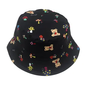 Chapeau bob noir pour enfants avec imprimé ours dessin animé et champignons