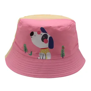 Kinder Fischerhut im Farbblock-Design mit Cartoon-Hundemotiv in Rosa und Gelb