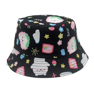 Kids black bucket hat with cartoon bear and graffiti patterns for outdoor sun protection