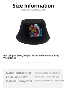 Detailed size specifications for kids shark print bucket hat made of polyester fabric