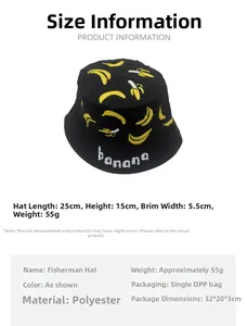 Detailed size and material specs for black kids bucket hat with yellow banana print