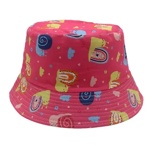 Reversible rose red kids bucket hat with colorful snail print and sun protection