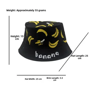Detailed dimensions of black banana print kids bucket hat with embroidered logo