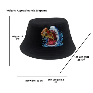 Detailed dimensions of a black cartoon shark bucket hat showing weight and size specs