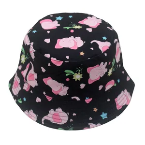 Detail of kids black bucket hat with pink elephant and floral patterns on cotton fabric