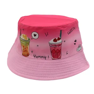Bob Dégradé pour Enfants Imprimé Boisson Dessin Animé Protection Solaire Large Bord Chapeau de Pêcheur pour Garçons Filles Extérieur