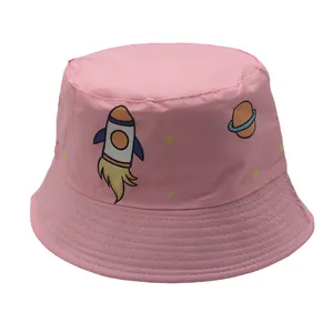 Detailed view of pink kids bucket hat with rocket and planet prints and reinforced stitching