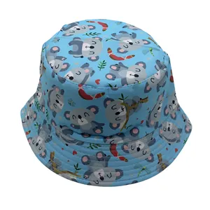 Detailed view of sky blue bucket hat featuring cute koala prints and boomerang motifs