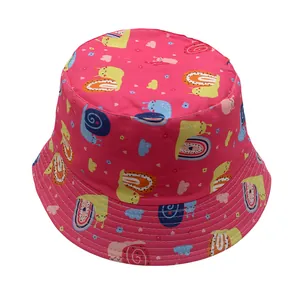 Detailed view of kids pink bucket hat with colorful snail and rainbow print patterns