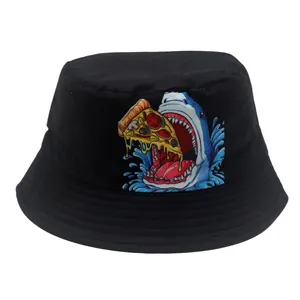 Kids Cartoon Shark Pizza Print Bucket Hat Sun Protection Double Sided Polyester Fisherman Hat For Boys Girls Outdoor Travel