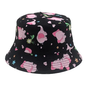Detail of black reversible bucket hat for kids with pink cartoon elephant and floral print