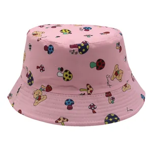 Chapeau bob rose pour enfants avec imprimé ours et champignons et bord large