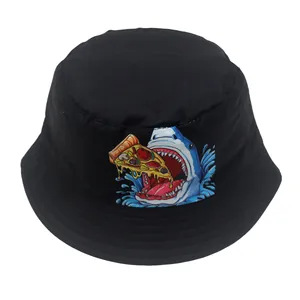Kids black reversible bucket hat with cartoon shark and pizza print for sun protection