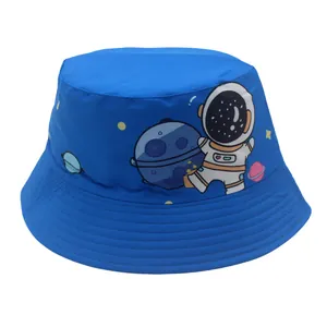 Kids blue bucket hat with cartoon astronaut and space print for outdoor sun protection
