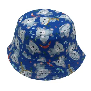 Detail of navy blue bucket hat with cartoon koala print and reinforced brim stitching