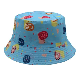 Sky blue kids bucket hat with colorful cartoon snail print and sturdy stitched brim