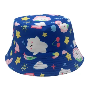 Navy blue children's bucket hat with cartoon bear print and wide brim for sun protection