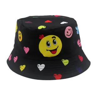 Kids Polyester Bucket Hat Cartoon Smile Face Heart Print Sun Protection Outdoor Sun Hat For Boys Girls Casual Fisher Hat