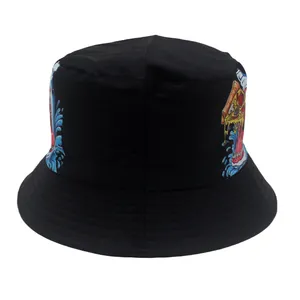 Close-up of black kids bucket hat featuring colorful graffiti pizza and shark mouth prints