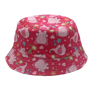 Pink kids reversible bucket hat with cute elephant and star prints for sun protection