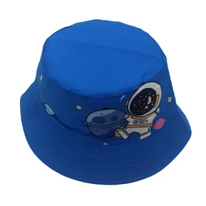 Close-up of kids dark blue bucket hat featuring cartoon astronaut and space print detail