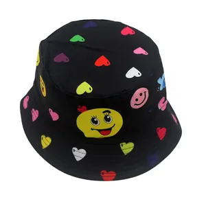 Kids black reversible bucket hat with colorful heart and smiley face patterns