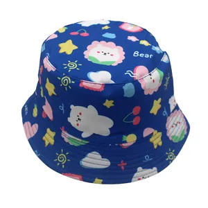 Detailed stitching and cartoon bear print on blue children's bucket hat fabric