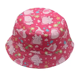 Detail of bright pink bucket hat with cute elephant and star prints for kids