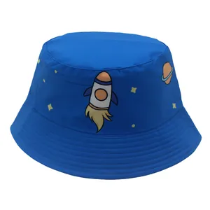 Detailed close-up of blue kids bucket hat with cartoon rocket and space planet print
