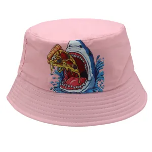 Pink reversible shark and pizza print bucket hat for kids with durable stitched brim