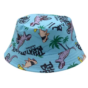Kids light blue bucket hat with cartoon dinosaur and shark prints for sun protection