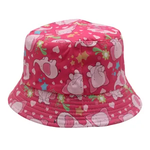 Detailed view of pink cotton sun hat with cute cartoon elephant and heart patterns