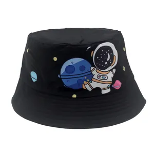 Kids Cartoon Astronaut Space Print Bucket Hat Sun Protection Polyester Fisherman Hat For Boys Girls Outdoor Travel