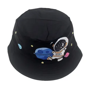 Kids black bucket hat featuring cartoon astronaut and blue planet print for outdoor sun protection