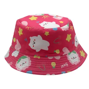 Kids cute cartoon bear print bucket hat in rose red for outdoor sun protection