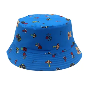Chapeau bob bleu pour enfants avec motifs de champignons, ours et lettrage Love brodé