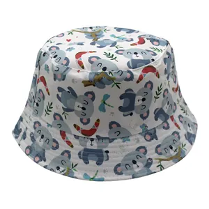 Detailed view of white kids bucket hat with cute koala pattern and quality stitching