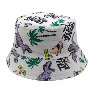 Kids Cartoon Dinosaur Shark Print Bucket Hat Wide Brim Sun Protection Polyester Outdoor Fisherman Hat For Boys Girls