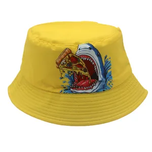 Yellow reversible bucket hat with cartoon shark and pizza print for boys and girls